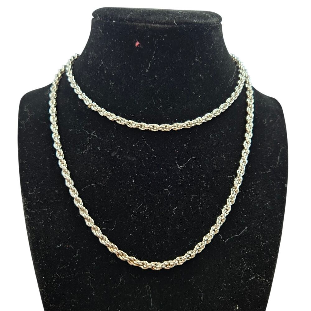 Vintage Monet Silver Chunky Intertwined Chain Long Necklace (for Layering) [J41]